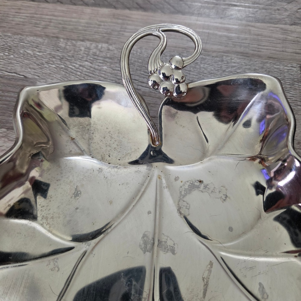 Vintage Silver Plated Leaf Dish Grape Handle Footed Trinket Bowl Hong Kong 9.5" - Picture 4 of 16